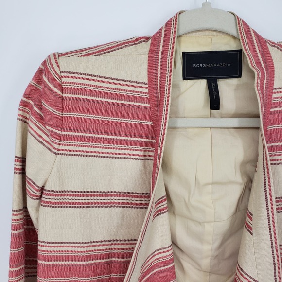 BCBGMaxazria Striped Abbey Blazer XS Asymmetrical Open Front 100% Cotton Tan Red - Picture 7 of 11